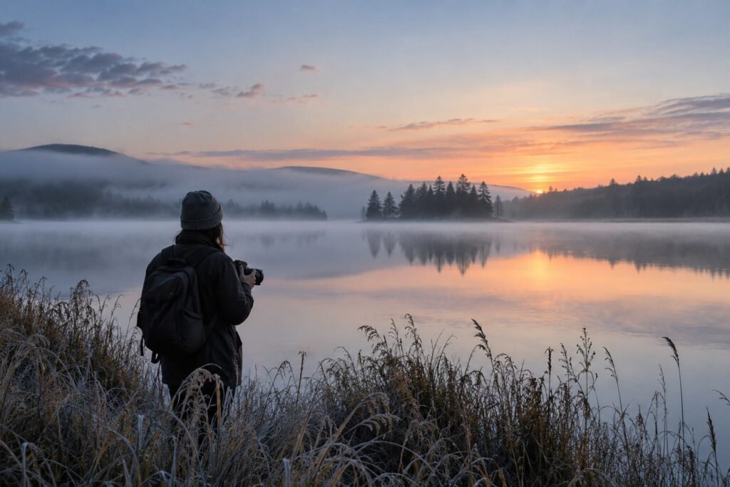 Fotógrafa observando un lago tranquilo al amanecer entre niebla suave