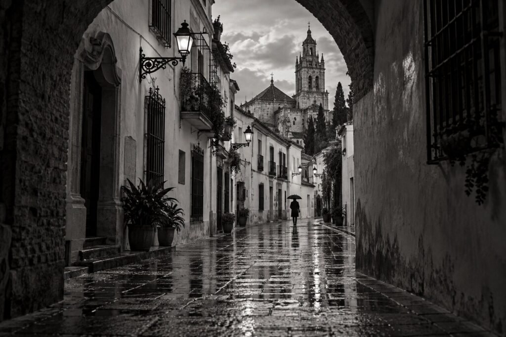 Calle andaluza mojada en blanco y negro con una figura solitaria y reflejos