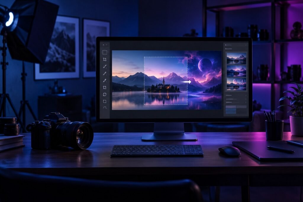 Estudio fotográfico con cámara y pantalla de edición generativa en tonos azules y violetas