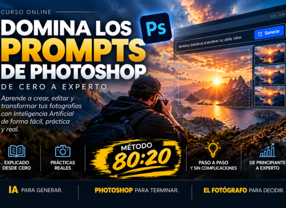 Home Portada 3:2 del curso Domina los prompts de Photoshop — De cero a experto, Método 80:20