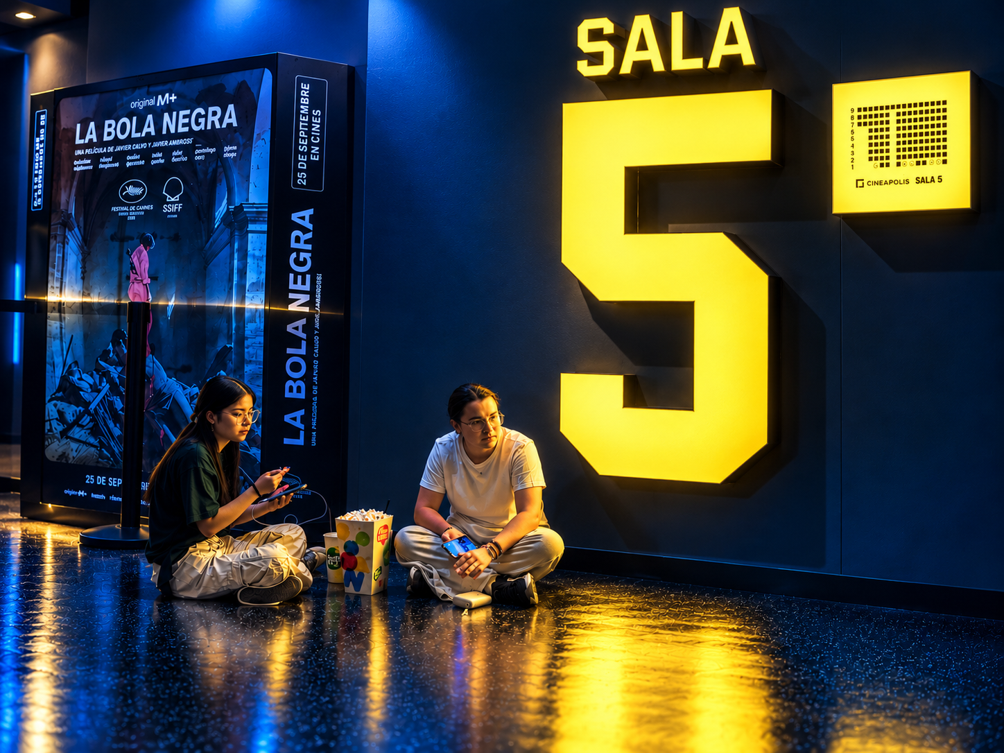 Dos personas sentadas en el suelo de un cine junto a un gran número 5 amarillo, con iluminación azul y amarilla