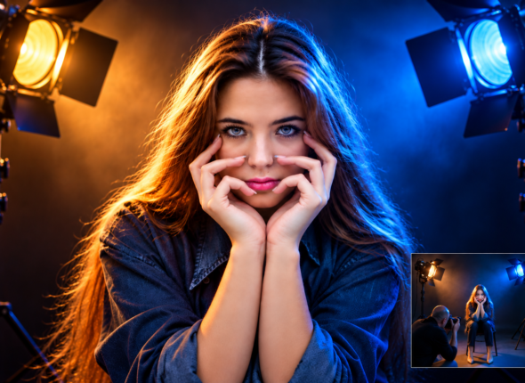 Portada del Máster de Iluminación Creativa, retrato con luz cálida naranja a la izquierda y luz azul a la derecha, dos focos y esquema making of